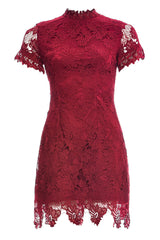 Wine High Neck  Lace   Dress