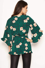 Green Animal Print Wrap Top