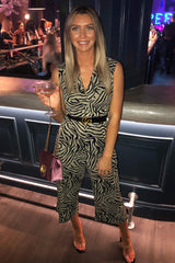 Khaki Wrap Front Animal Print Jumpsuit