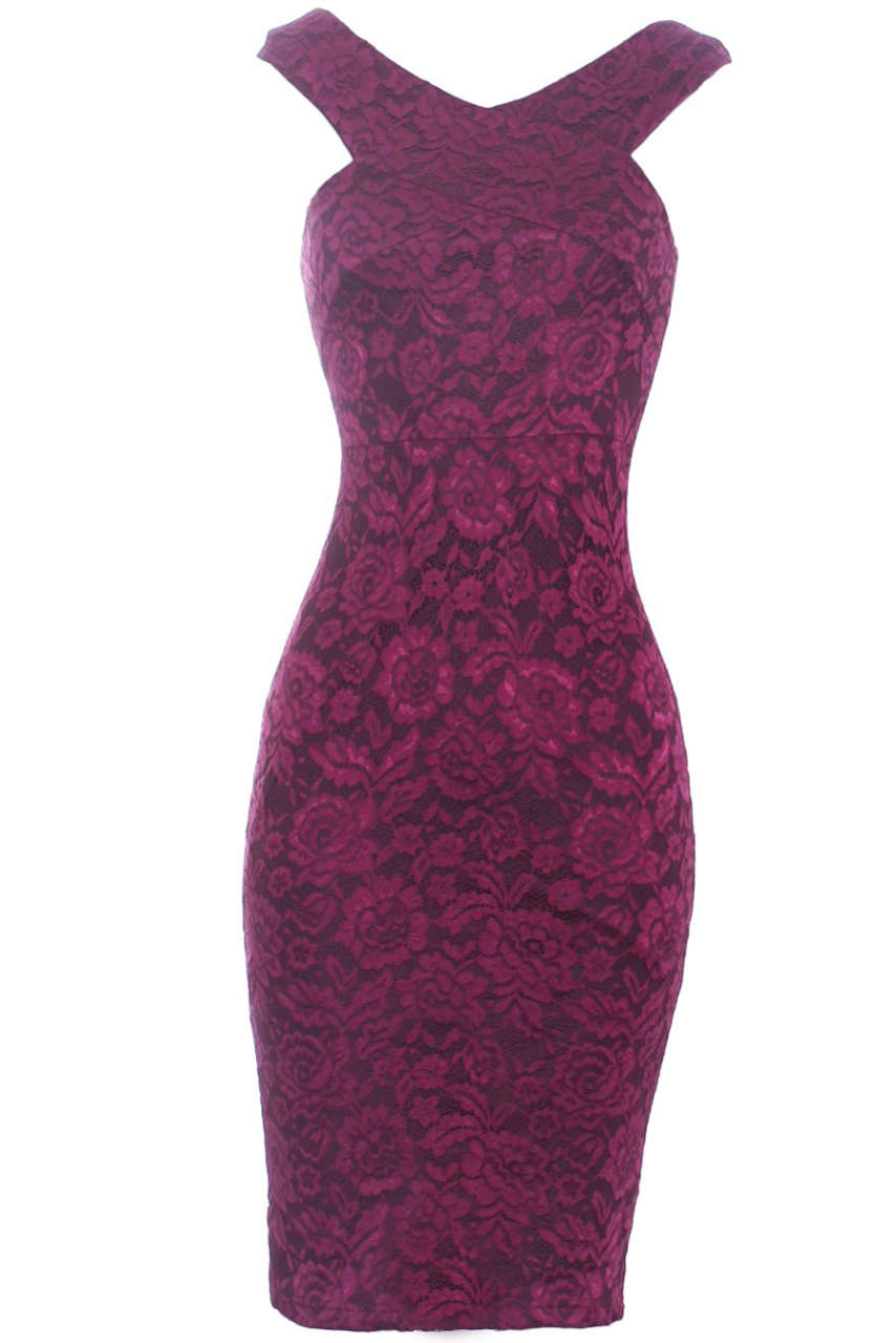 Plum Cross Off The Shoulder Lace Midi Dress