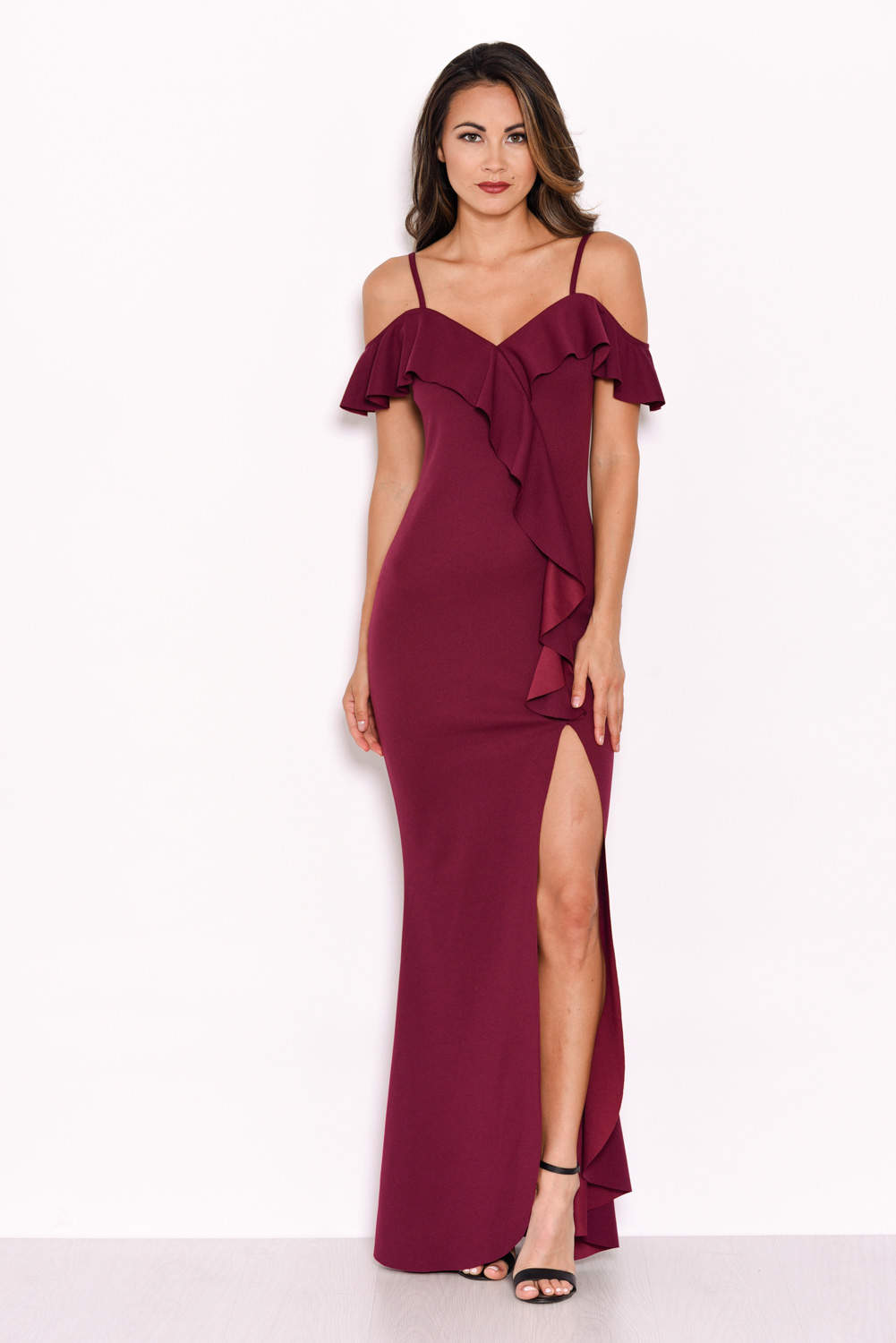 Plum Cold Shoulder Frill Detail Split Dress