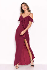 Plum Cold Shoulder Frill Detail Split Dress