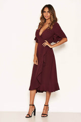 Plum Midi Dress With Frill Hem And Sleeves