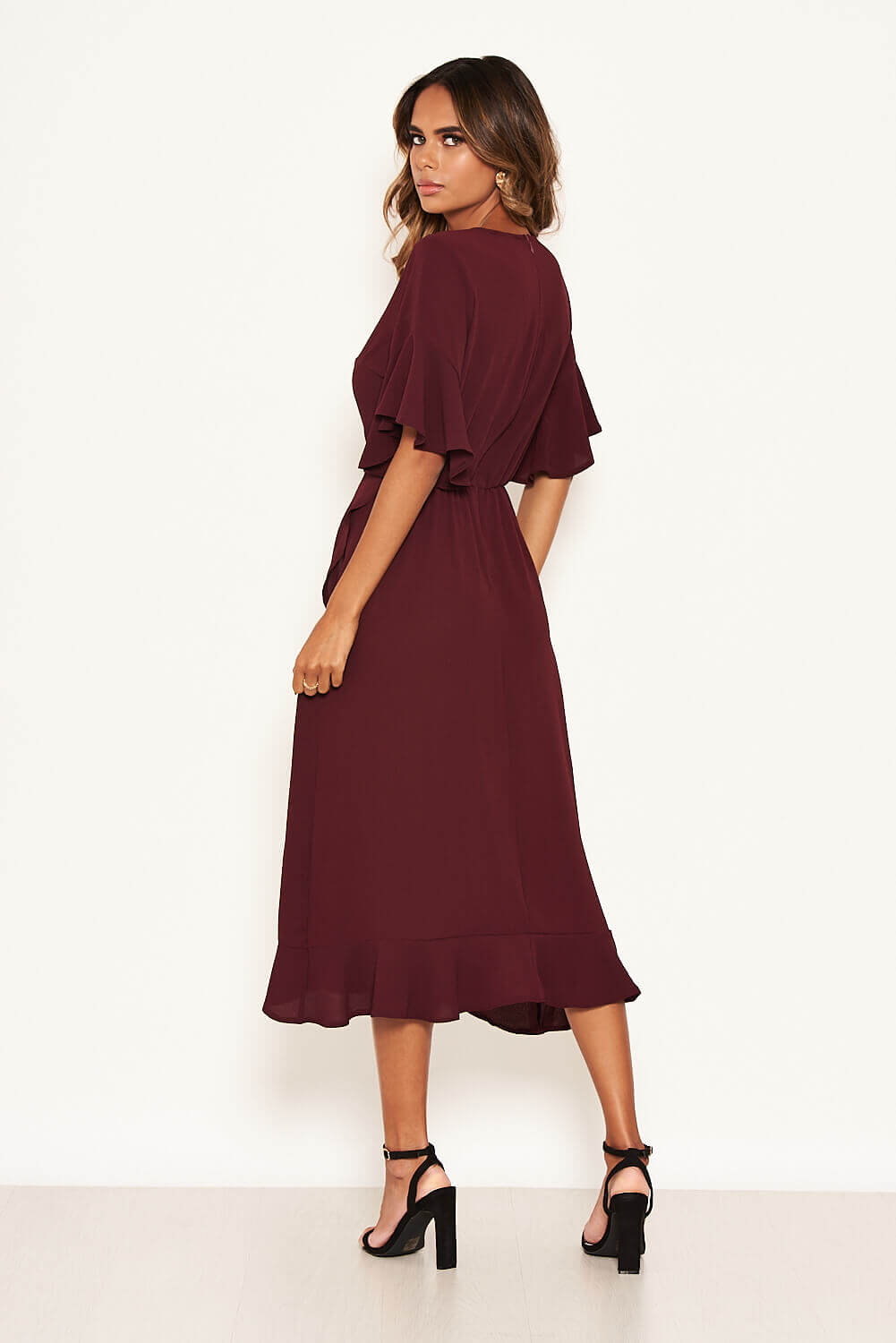 Plum Midi Dress With Frill Hem And Sleeves