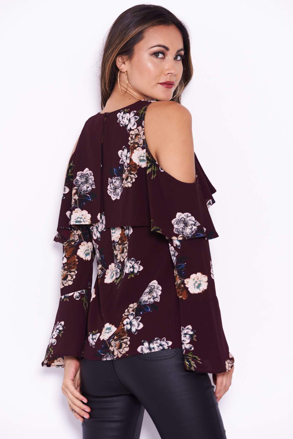 Plum Floral Cold Shoulder Top