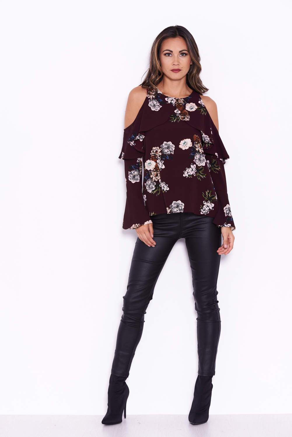 Plum Floral Cold Shoulder Top
