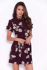 Plum Floral Frill Sleeve High Neck Dress