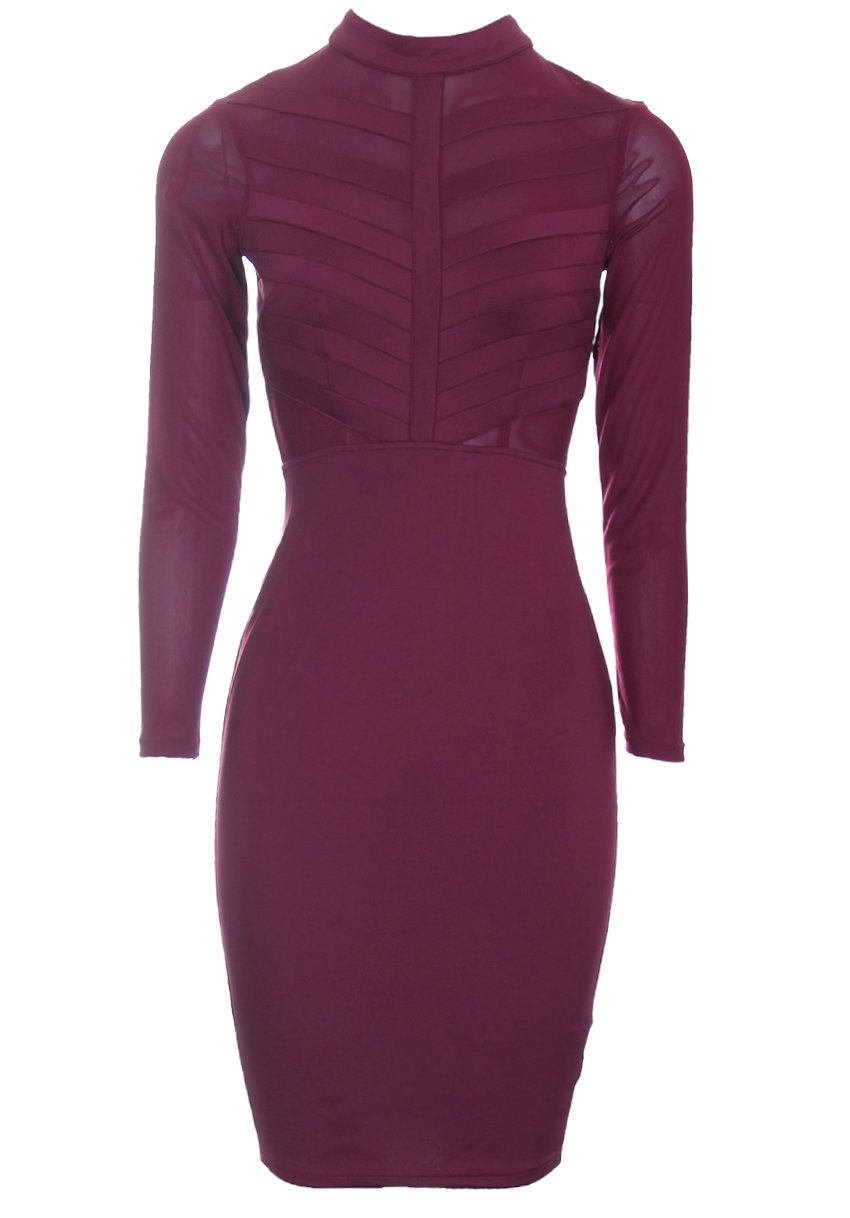 Plum High Neck Long Sleeved Midi Dress