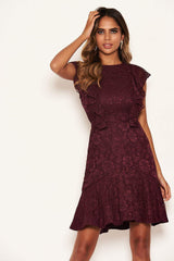 Plum Lace Tie Front Frill Dress