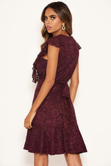 Plum Lace Tie Front Frill Dress
