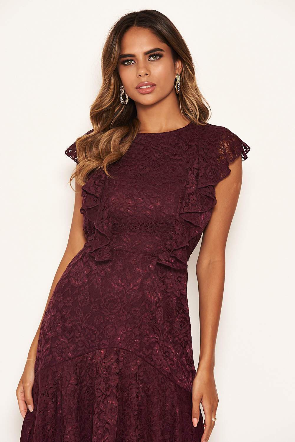 Plum Lace Tie Front Frill Dress