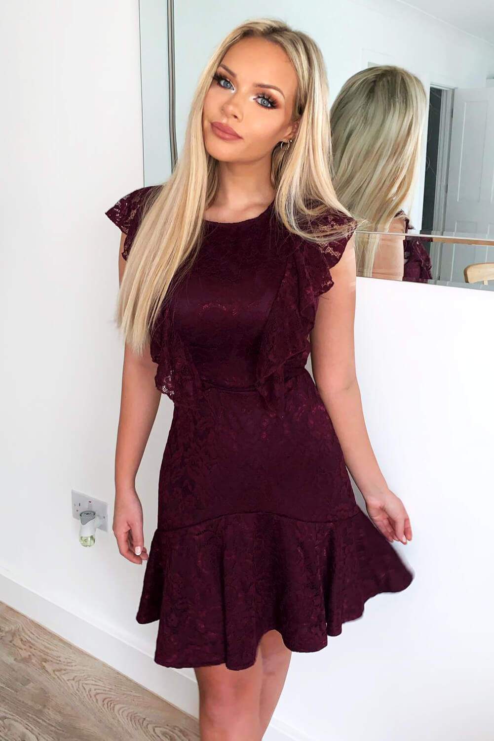 Plum Lace Tie Front Frill Dress