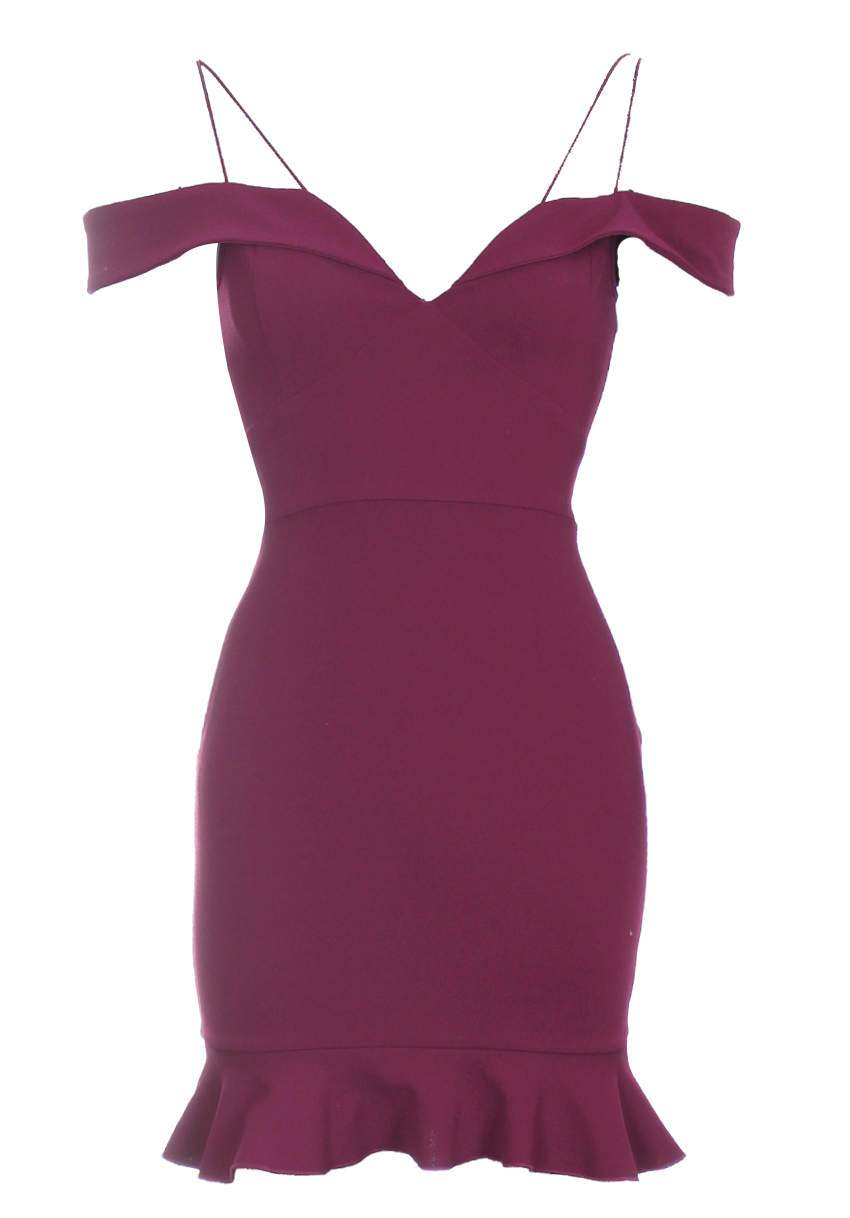 Plum Strappy Off The Shoulder Frill Mini Dress