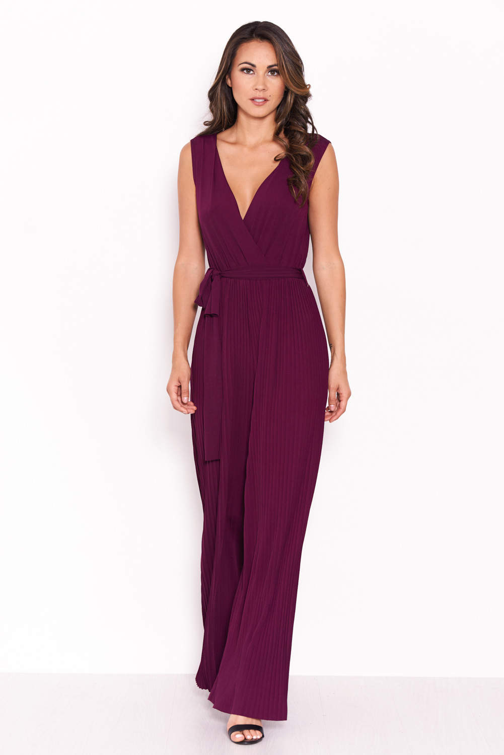 Plum Pleated Tie-Waist Jumpsuit