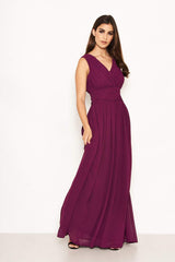 Plum Pleated V Neck Maxi Dress