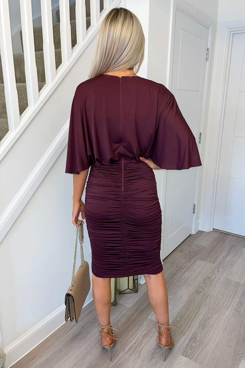 Plum Ruched Cape Sleeve Midi Dress