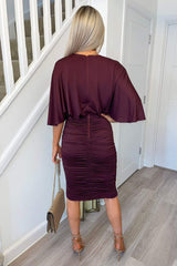 Plum Ruched Cape Sleeve Midi Dress