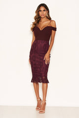 Plum Strappy Lace Skirt Frill Hem Dress