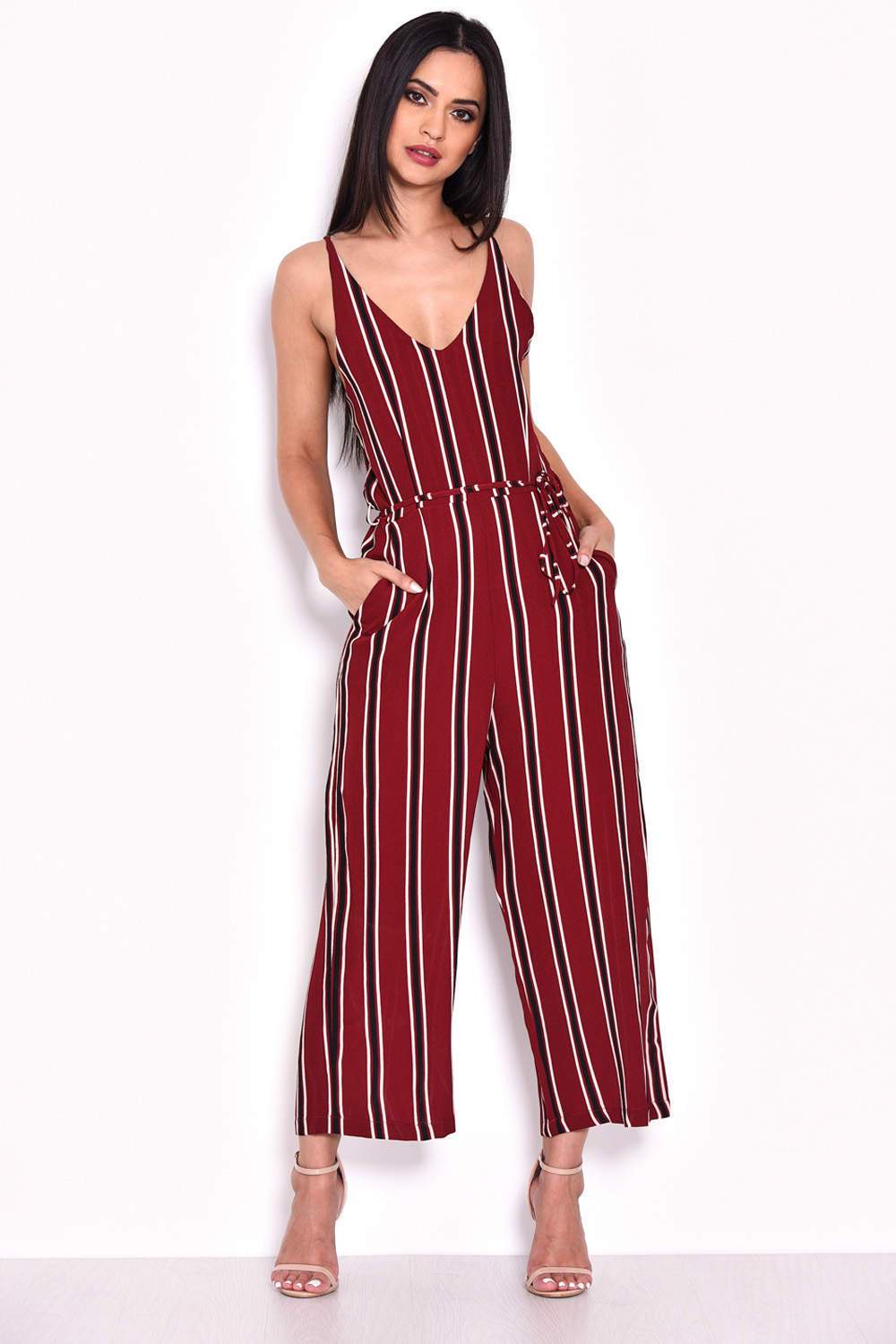 Plum Striped Tie Waist Jumpsuit