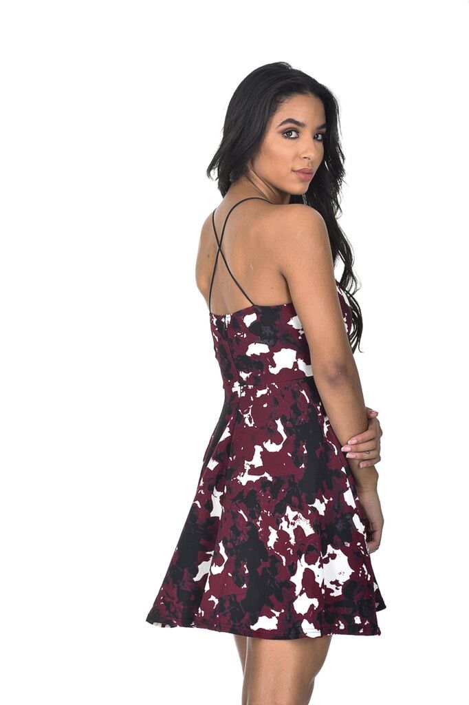 Plum V-Neck Printed Strappy Skater Dress