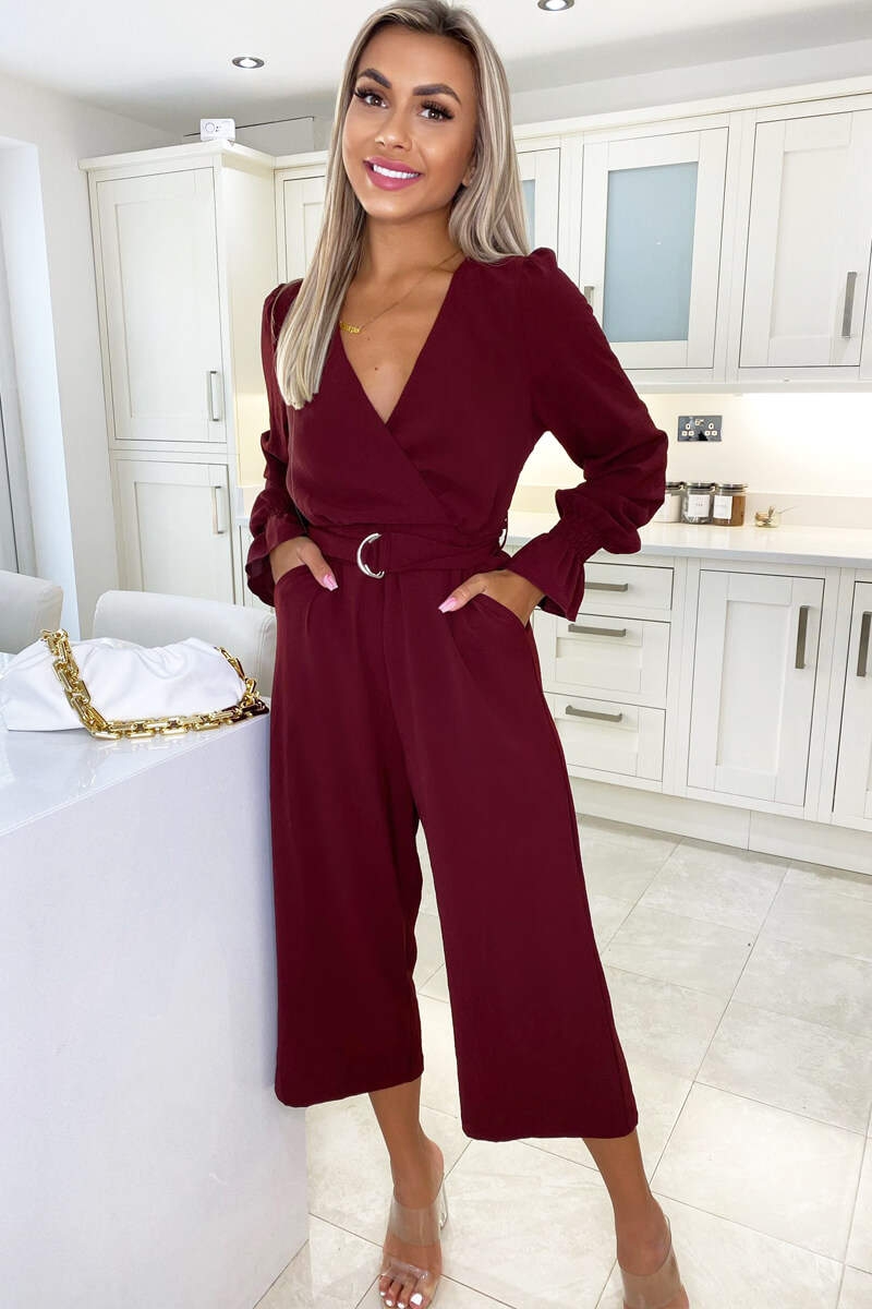 Wine Wrap Over Elasticated Cuff Belted Jumpsuit