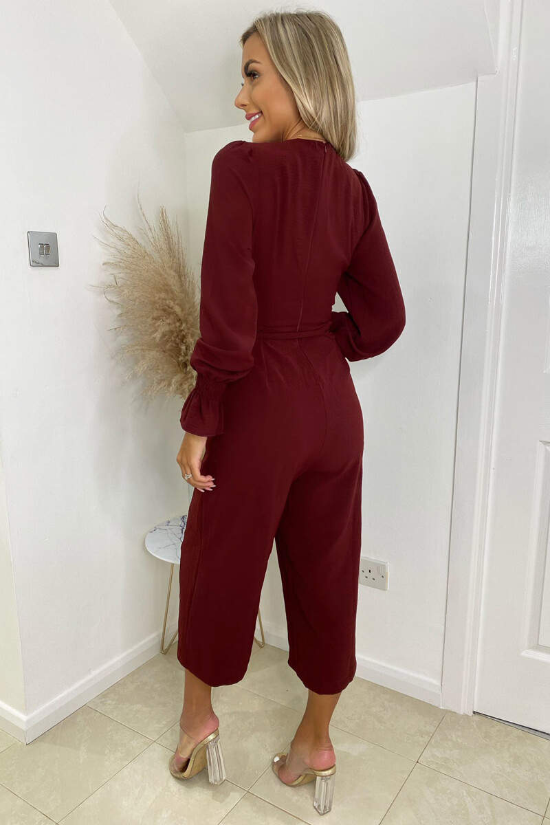 Wine Wrap Over Elasticated Cuff Belted Jumpsuit