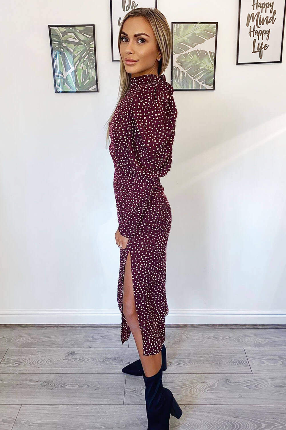 Plum Spotty High Neck Midi Dress