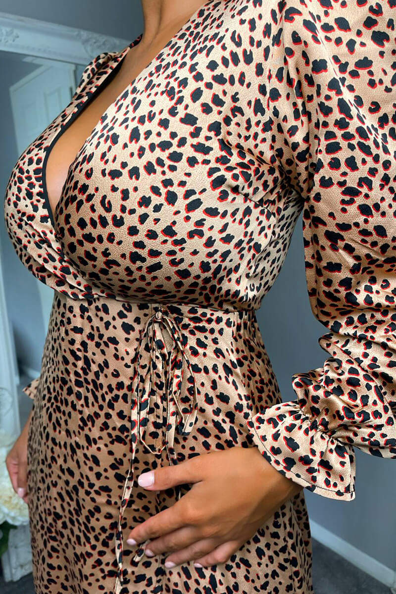 Red Animal Print Tie Side Wrap Over Midi Dress