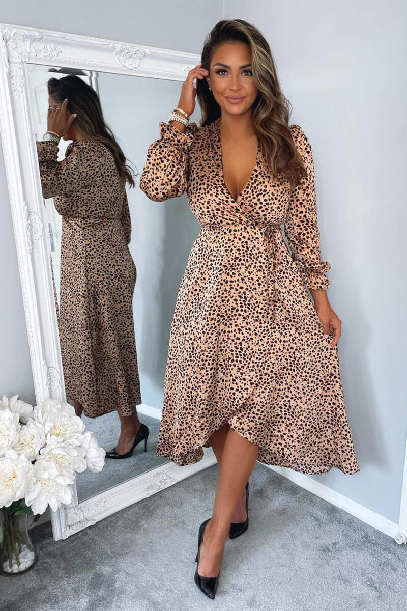 Red Animal Print Tie Side Wrap Over Midi Dress