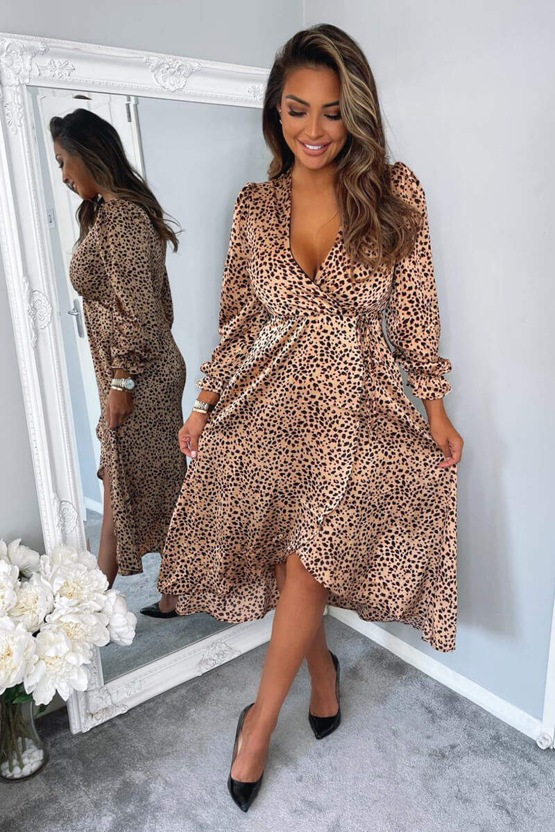 Red Animal Print Tie Side Wrap Over Midi Dress