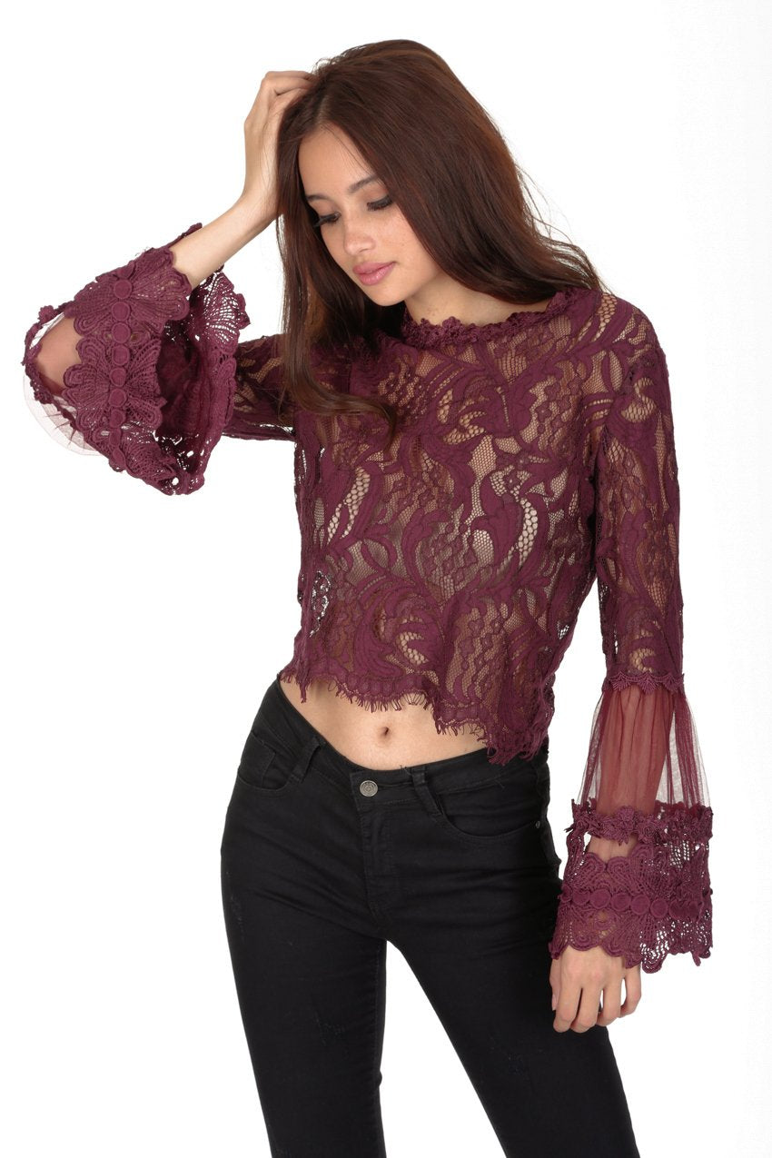 Plum Sheer Lace Long Sleeve Top