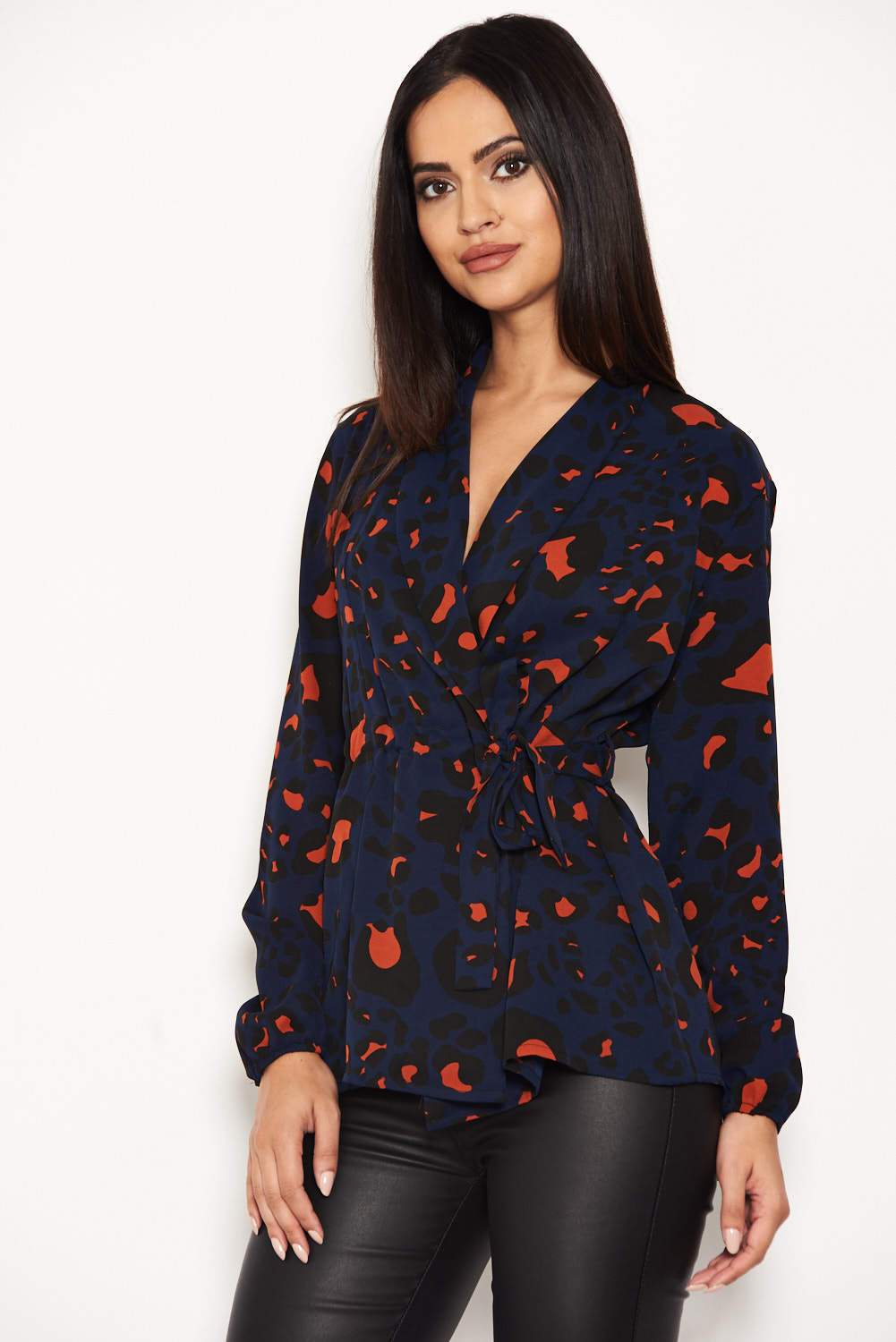 Blue Animal Print Waist Tie Blouse