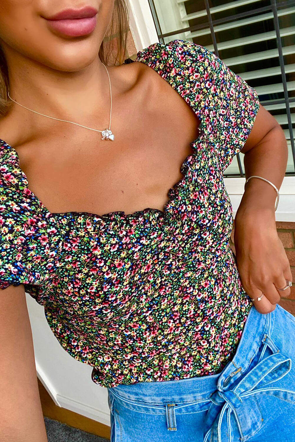 Multi Floral Printed Square Neck Top