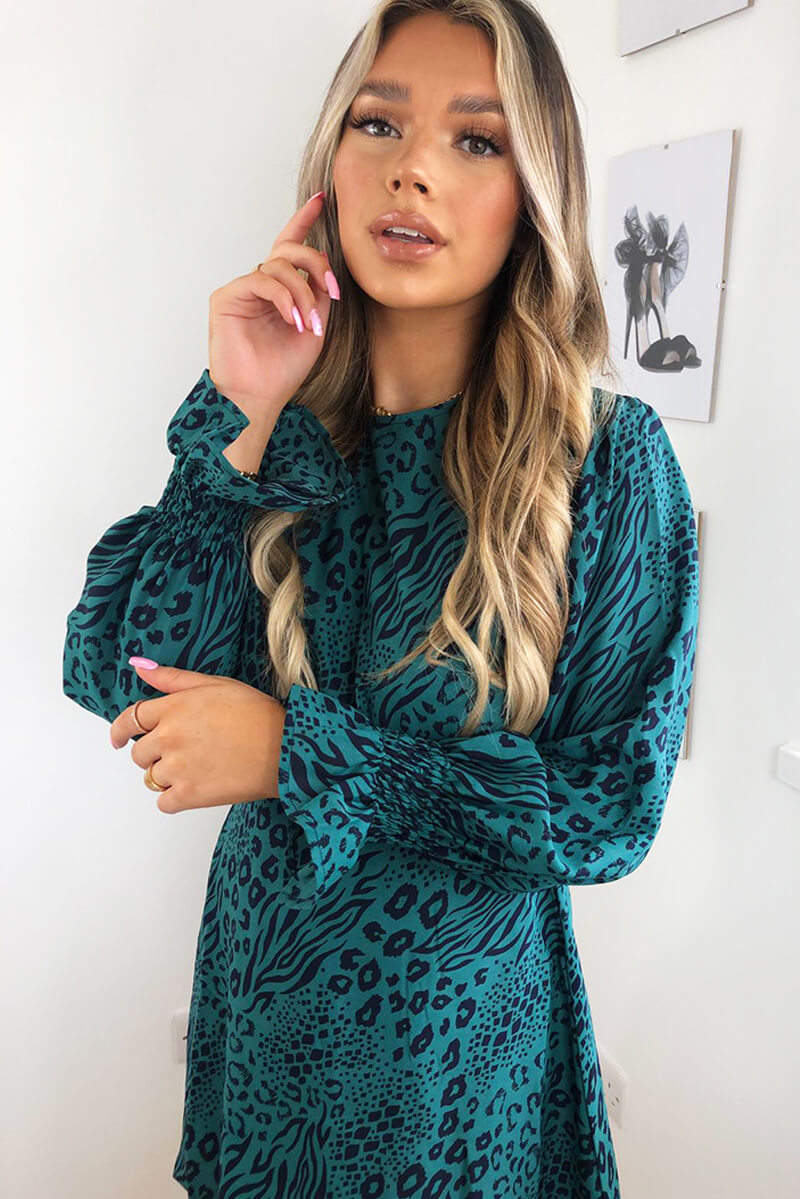 Teal Animal Printed Elastic Cuff Dress