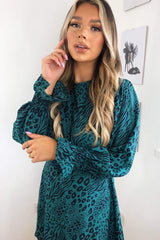 Teal Animal Printed Elastic Cuff Dress