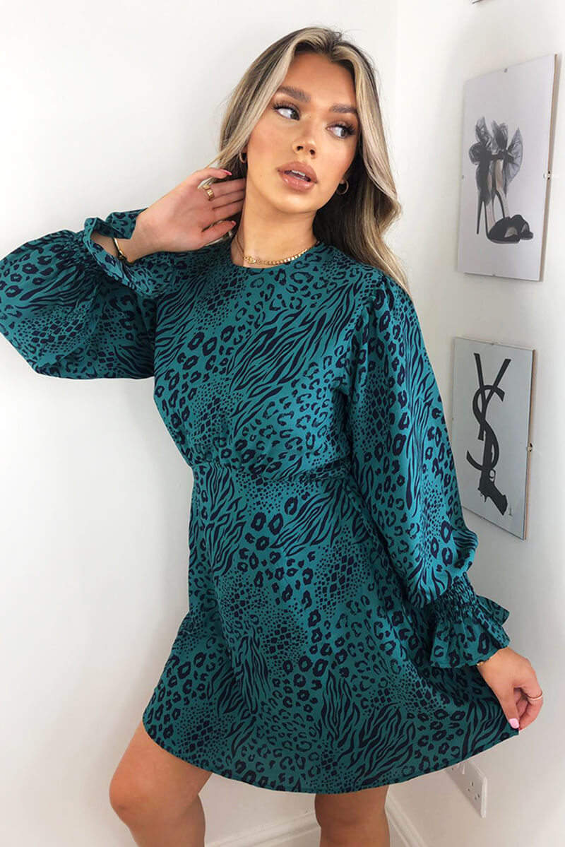 Teal Animal Printed Elastic Cuff Dress