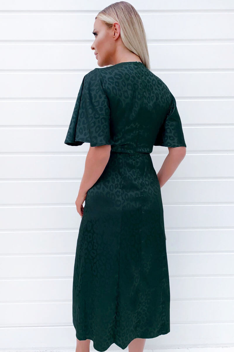 Teal Leopard Print Satin Midi Dress