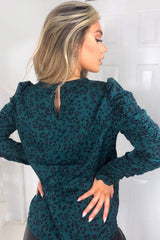 Teal Printed Ruched Long Sleeve Top
