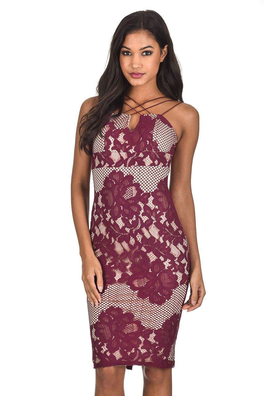 Wine Crochet Strappy Midi Dress