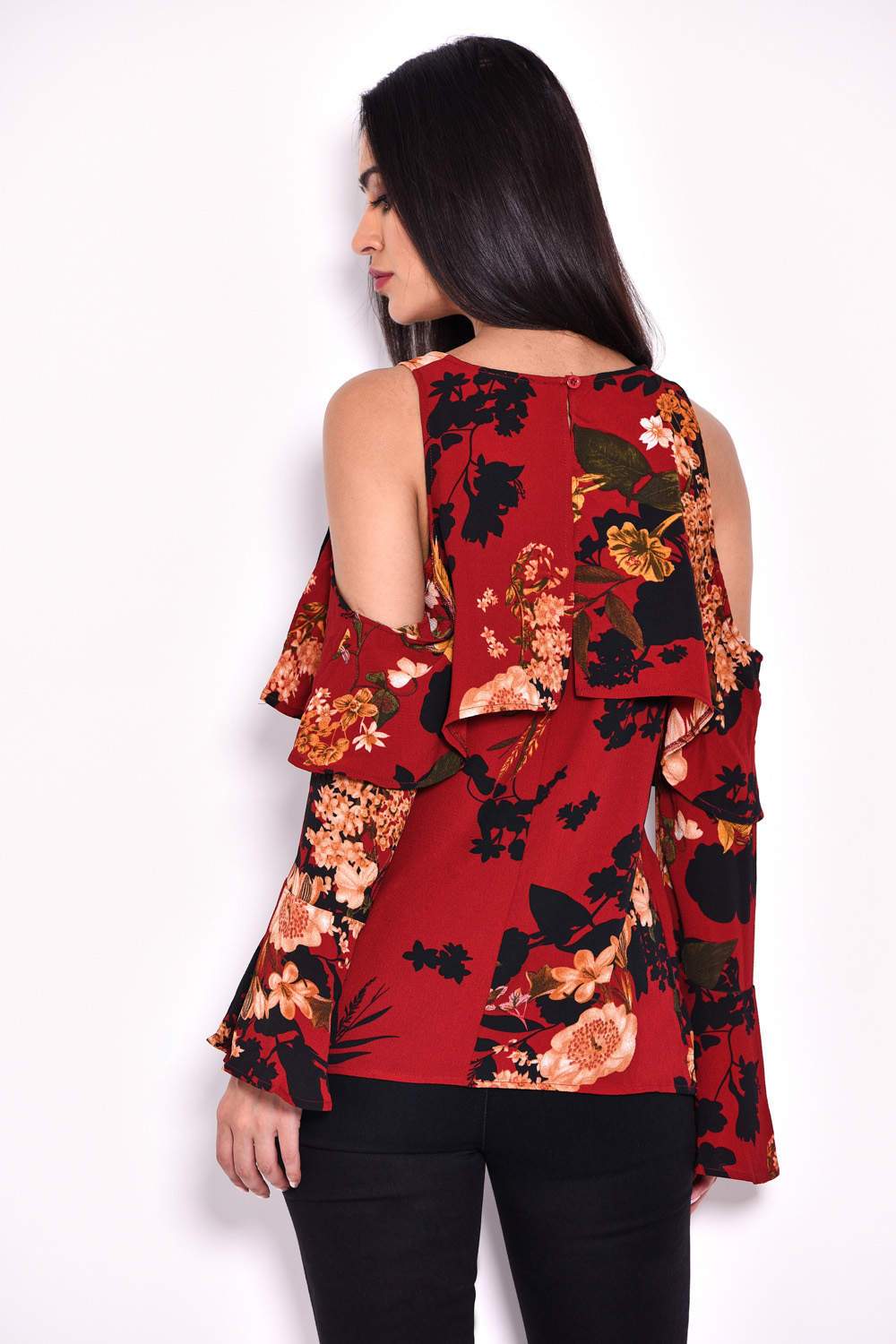 Wine Flare Sleeve Cold Shoulder Top