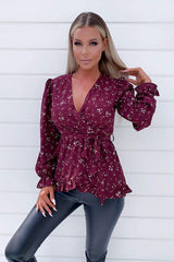 Wine Floral Frill Wrap Top