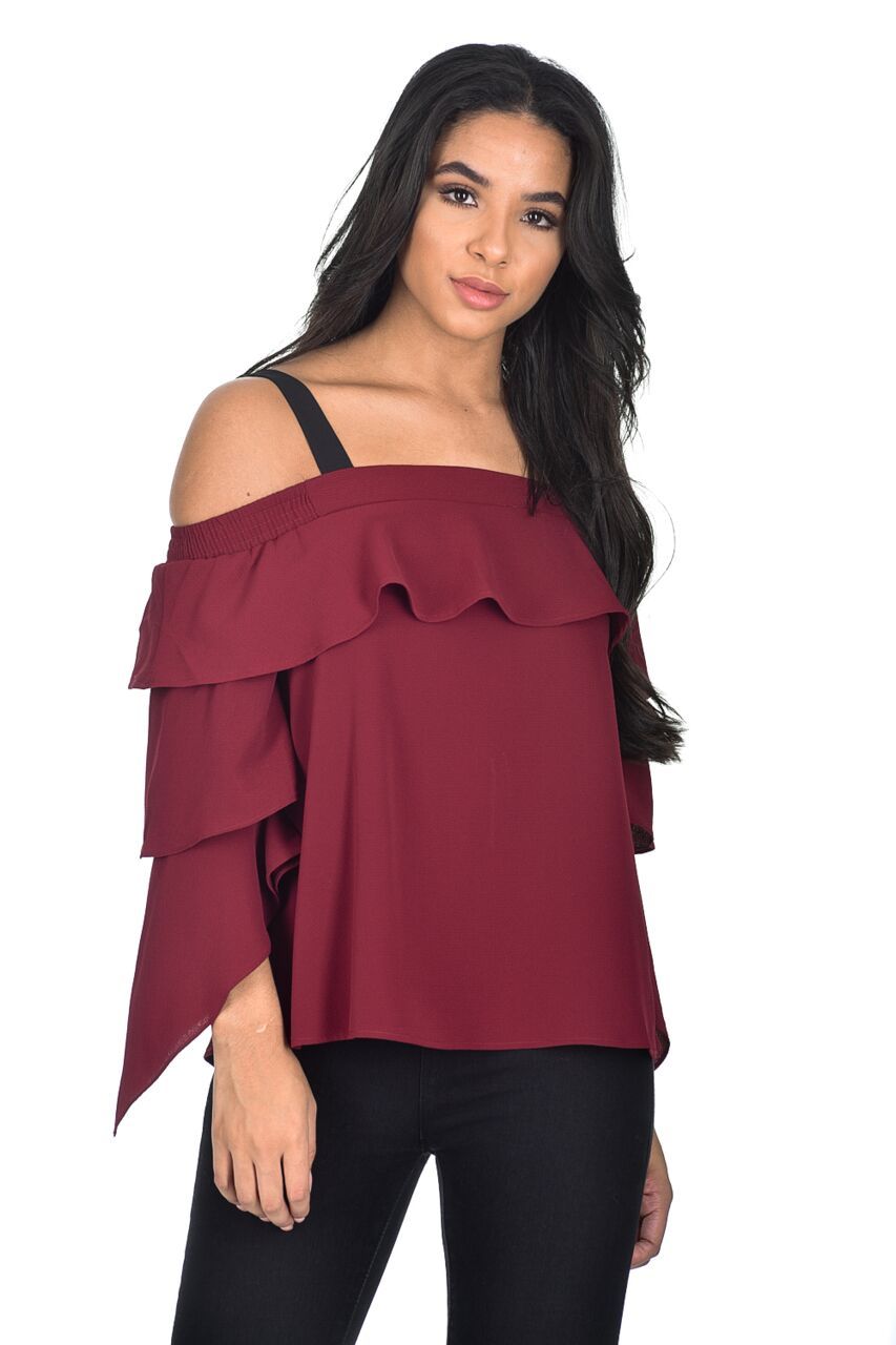 Wine Off The Shoulder Frill Top