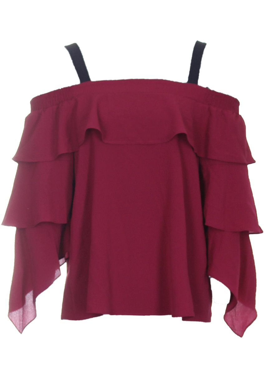 Wine Off The Shoulder Frill Top