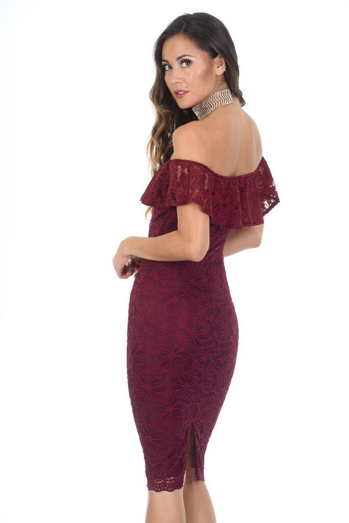 Wine Ruffled Off The Shoulder Lace Midi Dress