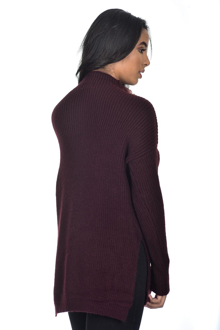 Wine High Neck Side Split Jumper