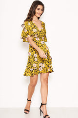 Yellow Animal Print Dress With Floral Detail