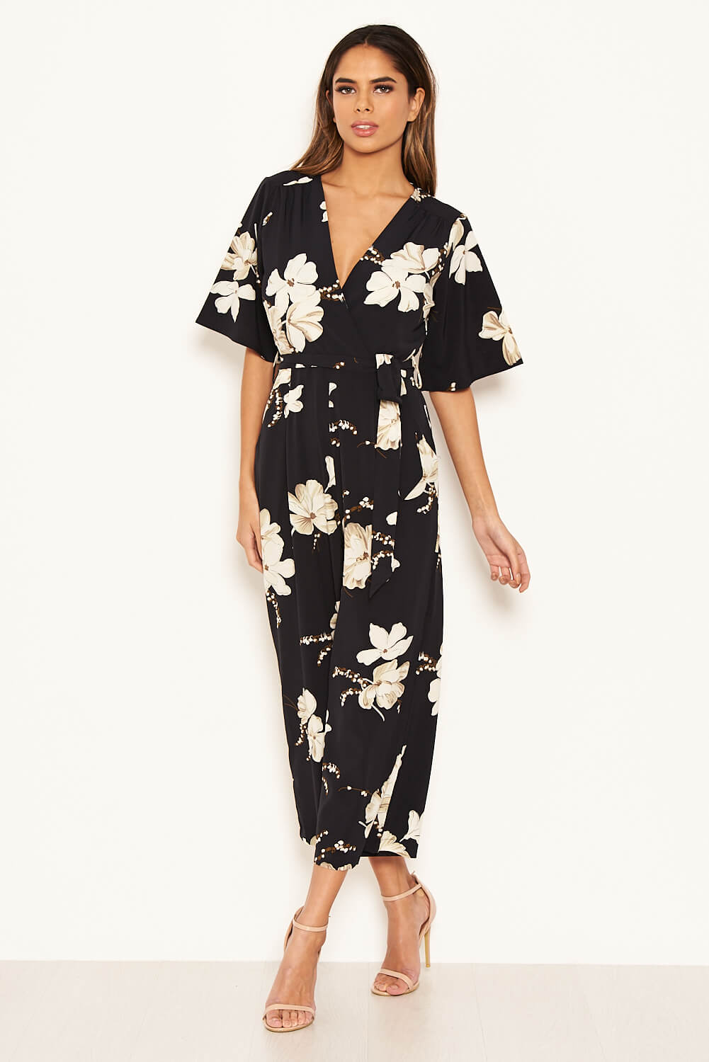 Navy Floral Wrap Culotte Jumpsuit