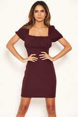 Plum Square Neck Ruched Bodycon Mini Dress
