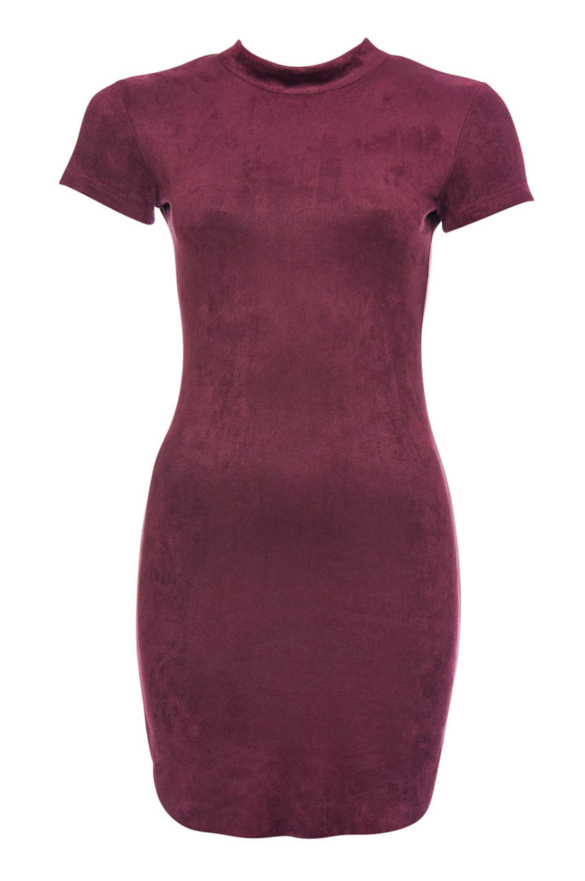 Plum Faux  Suede  Mini Dress with  High Neck