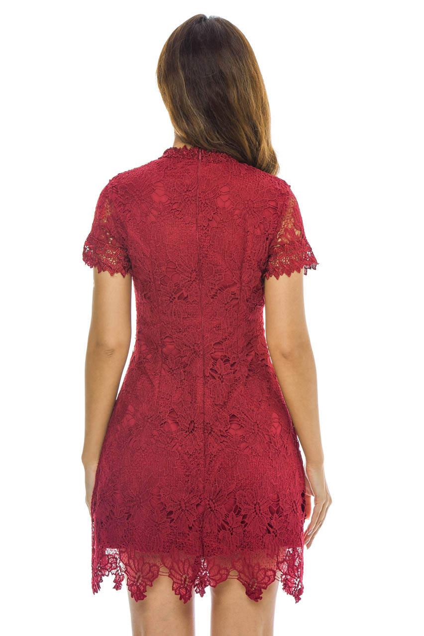 Wine High Neck  Lace   Dress